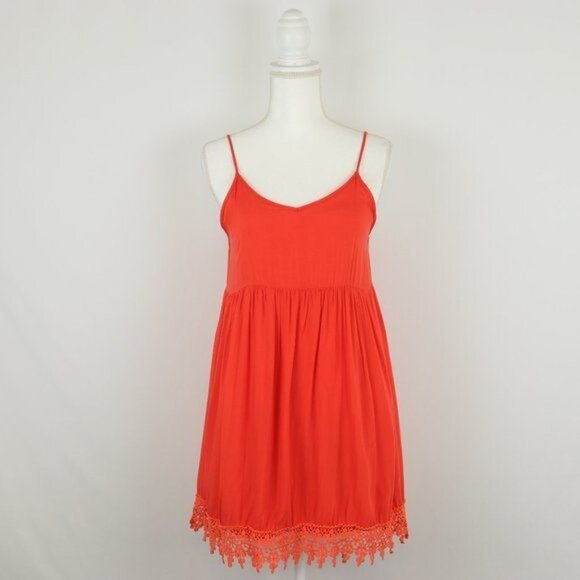 entro Dresses & Skirts - Entro Women's Large Orange Woven Spaghetti Strap Lace Trim Mini Sun Dress